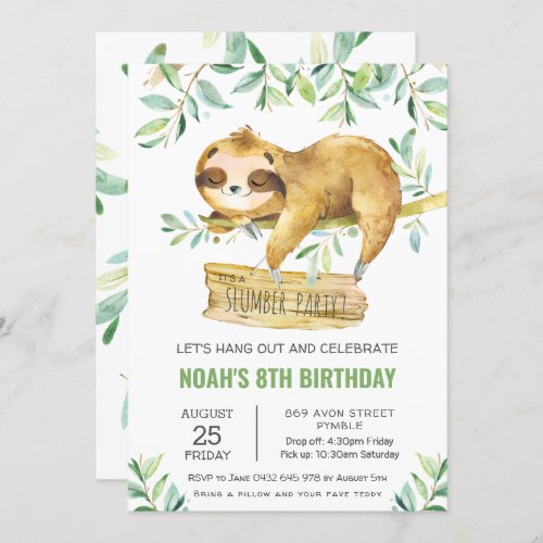 Greenery Sloth Slumber Sleepover Pajama Birthday Invitation