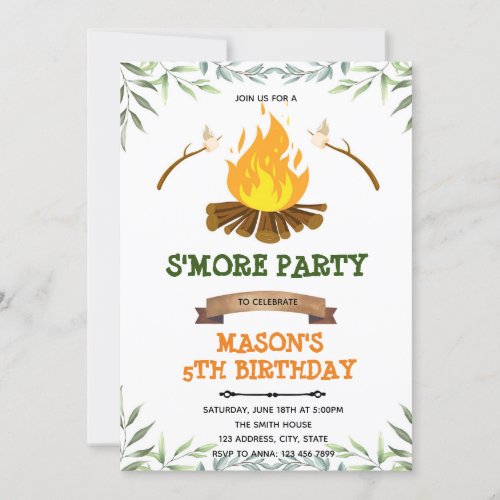 Greenery smore camp birthday Invitation