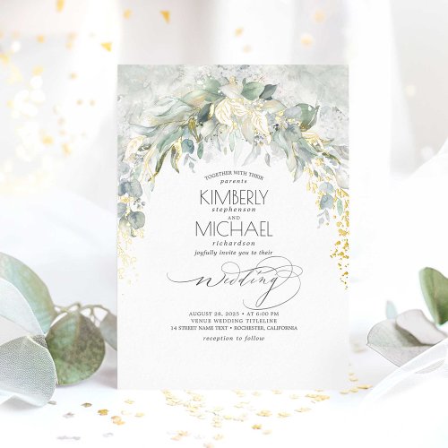 Greenery Soft Elegant Boho Wedding Gold Foil Invitation