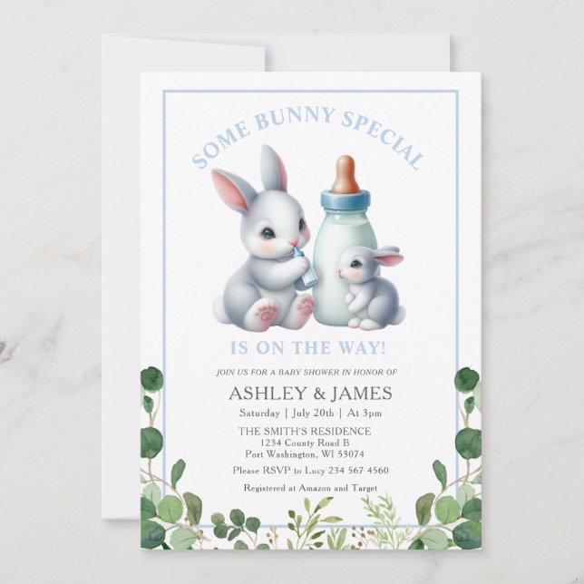 Greenery Some Bunny with Milk Baby Shower Invitation (Front)