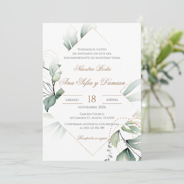 Greenery Spanish Wedding Invitation (Standing Front)