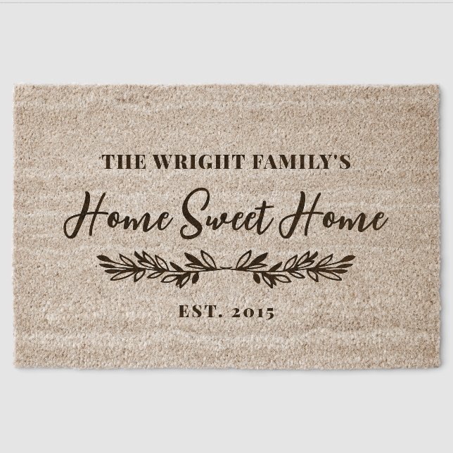 Greenery Sprigs Script Home Sweet Home Your Name Fiber Doormat (Front)