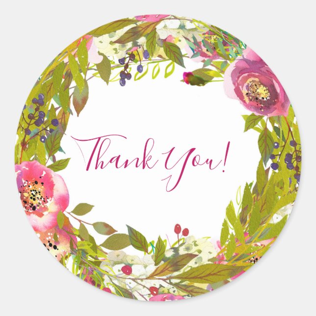 Greenery Spring Pink Floral Flowers Wedding Favor Classic Round Sticker (Front)