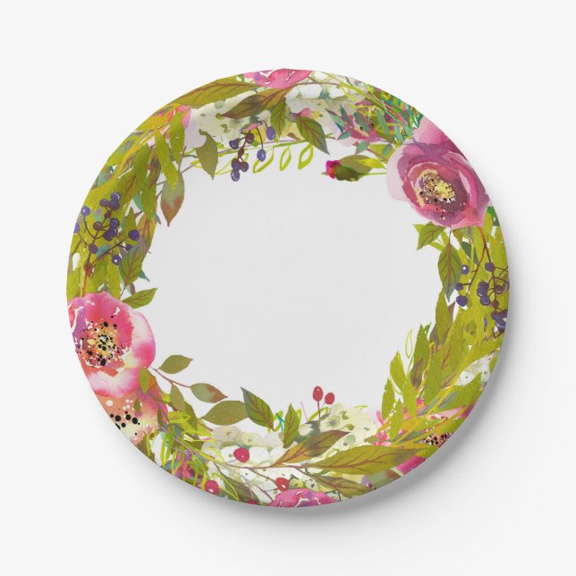 Greenery Spring Pink Floral Flowers Wedding Paper Plates (Front)