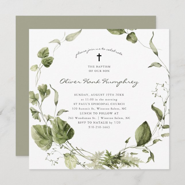 Greenery | Spring Summer Botanical Baptism Invitation (Front/Back)