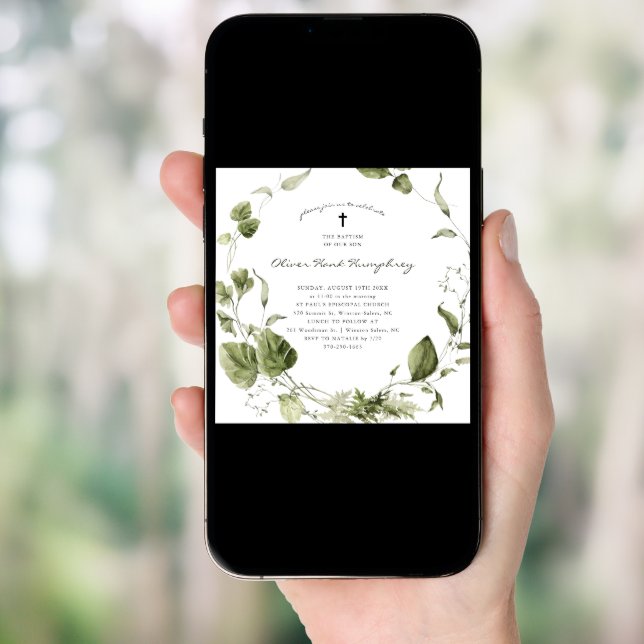 Greenery | Spring Summer Botanical Baptism Invitation (Front Digital)
