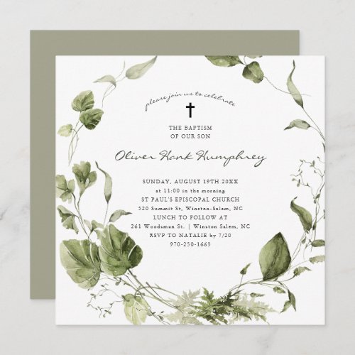 Greenery  Spring Summer Botanical Baptism Invitation