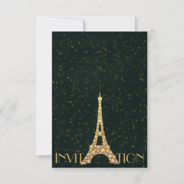 Greenery Starry Gold Eiffel Tower Paris Crystals Invitation (Front)