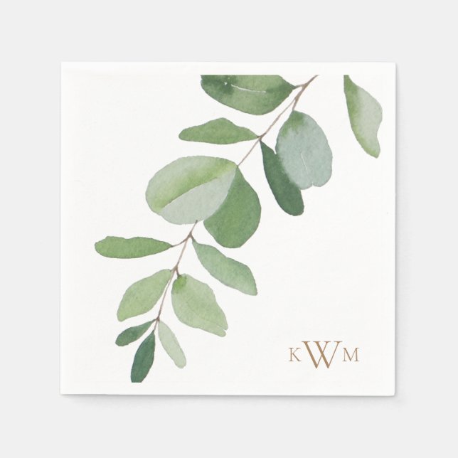 Greenery Stem Gold Monogram Wedding  Napkins (Front)