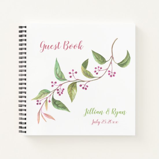 Greenery Stem with Leaves Pink Berries Guest Book