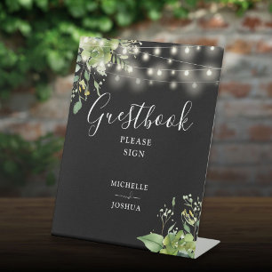 Greenery String Lights Black And White Guestbook Pedestal Sign