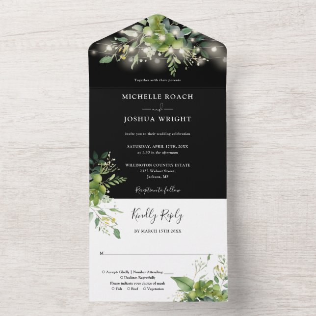 Greenery String Lights Black And White Wedding All In One Invitation (Inside)
