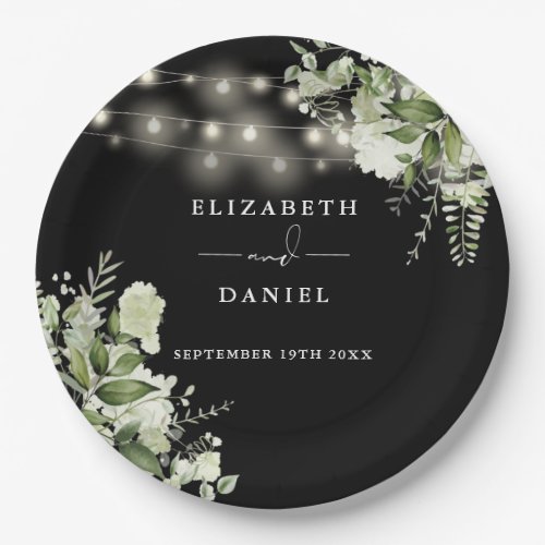 Greenery String Lights Black And White Wedding Paper Plates