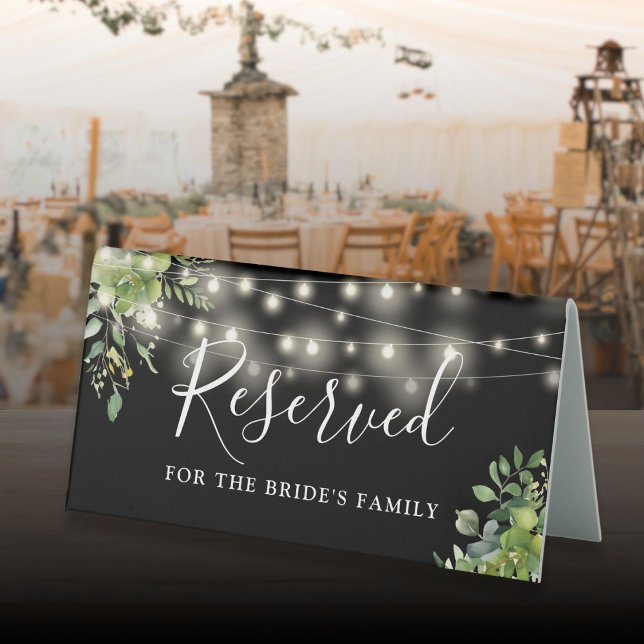 Greenery String Lights Black Wedding Reserved Table Tent (Greenery String Lights Black Wedding Reserved Table Tent Sign)