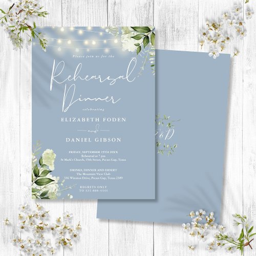 Greenery String Lights Dusty Blue Rehearsal Dinner Invitation