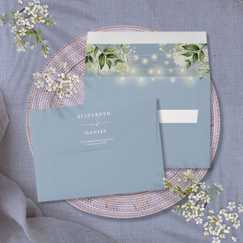 Greenery String Lights Dusty Blue Return Address Envelope