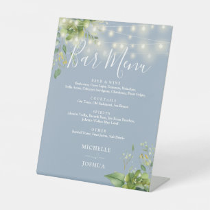 Greenery String Lights Dusty Blue Wedding Bar Menu Pedestal Sign