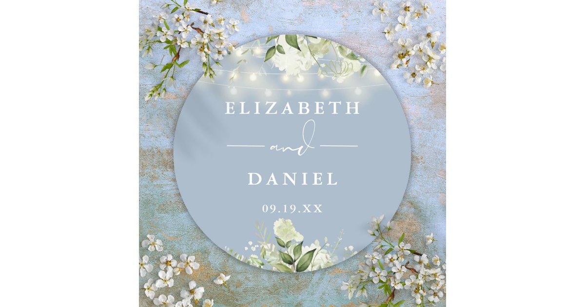Greenery String Lights Dusty Blue Wedding Favor Classic Round Sticker ...