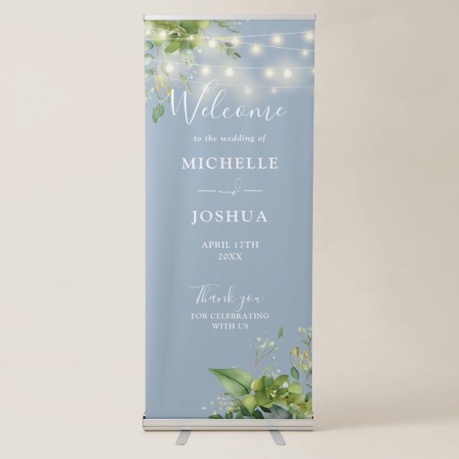 Greenery String Lights Dusty Blue Wedding Welcome Retractable Banner (Front)
