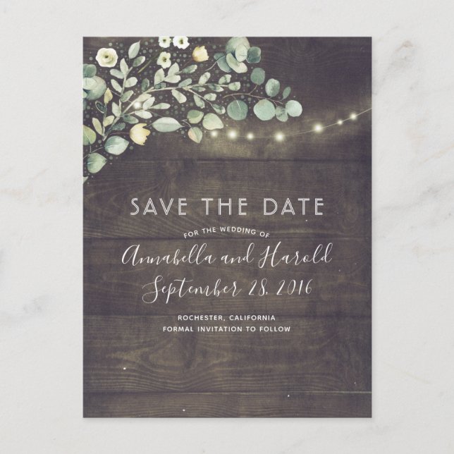 Greenery String Lights Rustic Save the Date Announcement Postcard (Front)