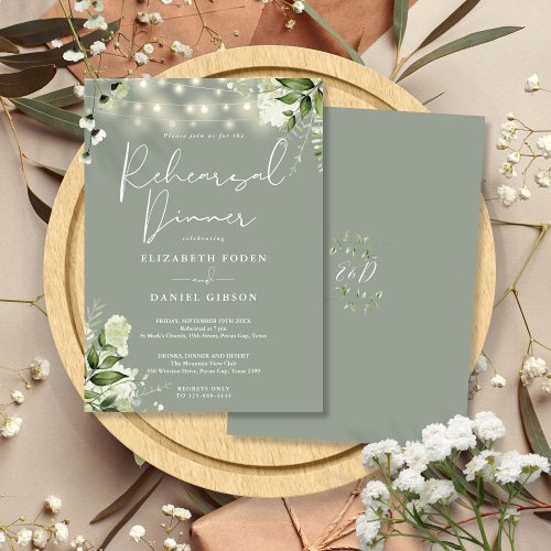 Greenery String Lights Sage Green Rehearsal Dinner Invitation