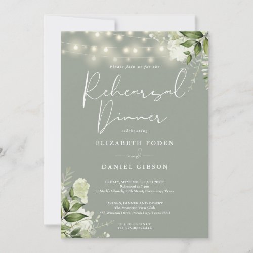 Greenery String Lights Sage Green Rehearsal Dinner Invitation