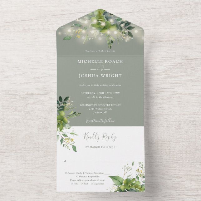 Greenery String Lights Sage Green Wedding All In One Invitation (Inside)