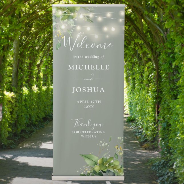 Greenery String Lights Sage Green Wedding Welcome Retractable Banner (Greenery String Lights Sage Green Wedding Welcome Retractable Banner)