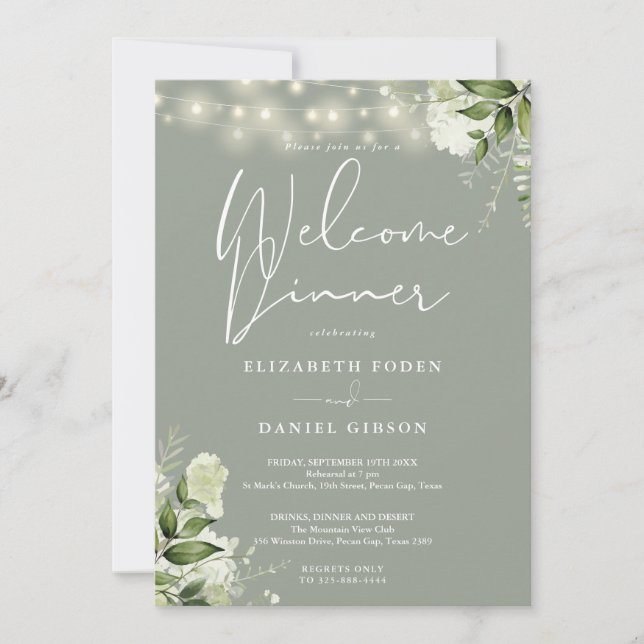 Greenery String Lights Sage Green Welcome Dinner Invitation (Front)