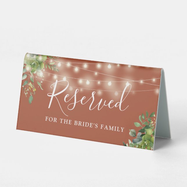 Greenery String Lights Terracotta Wedding Reserved Table Tent (Front)