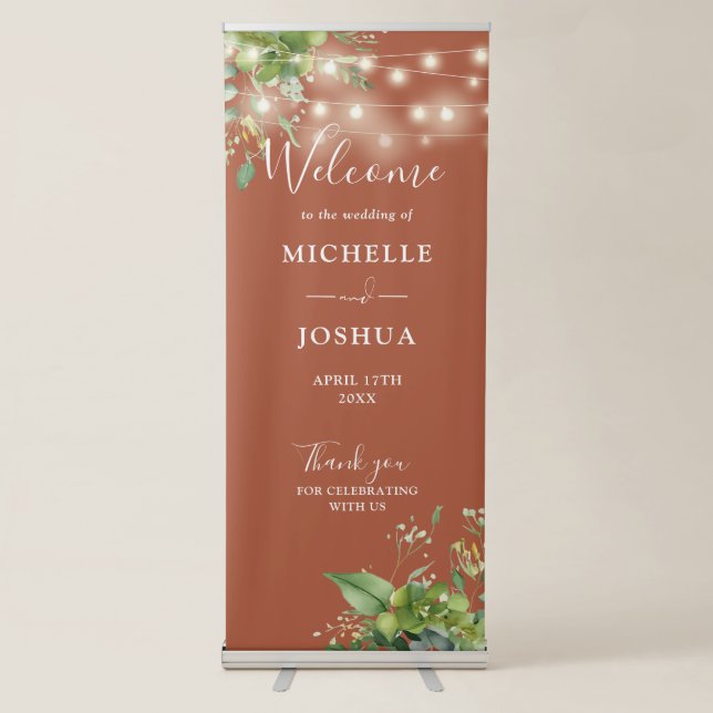 Greenery String Lights Terracotta Wedding Welcome Retractable Banner (Front)