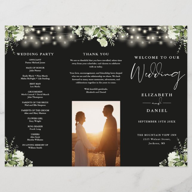 Greenery String Lights Trifold Wedding Program Flyer (Front)
