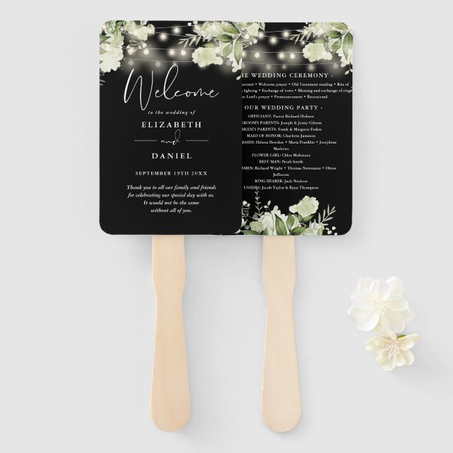 Greenery String Lights Wedding Program Heart Hand Fan (Front and Back)