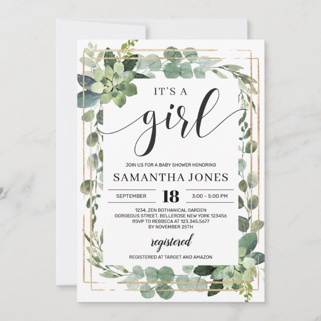 Greenery succulent boho it's a girl baby shower invitation (Front)