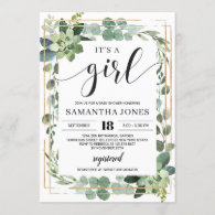 Greenery succulent boho it's a girl baby shower invitation