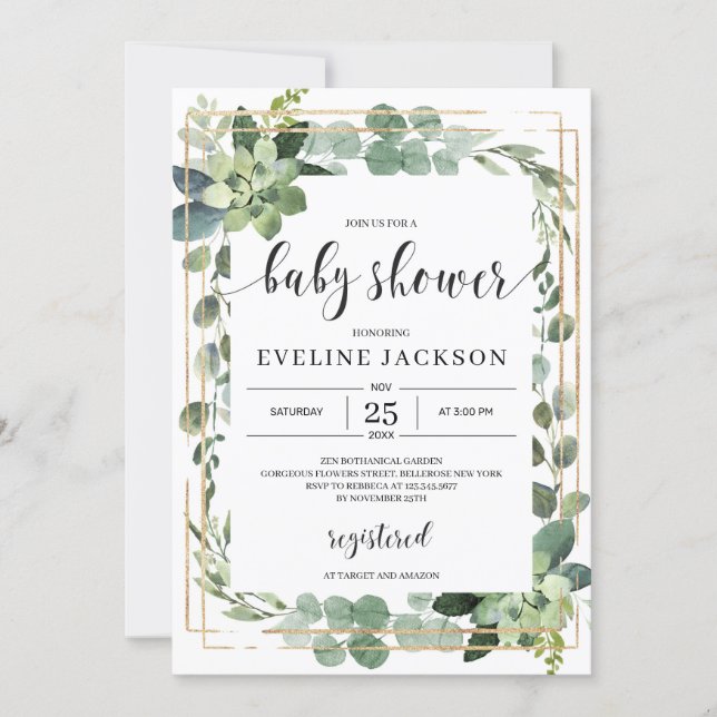 Greenery succulent floral boho baby shower invitation (Front)