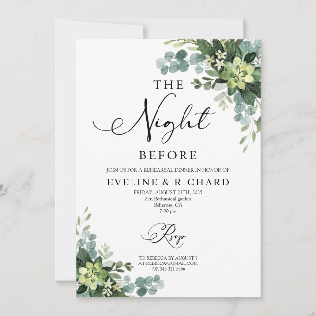 Greenery succulent floral boho rehearsal dinner invitation (Front)