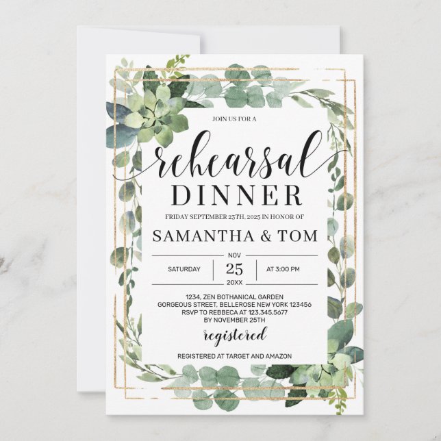 Greenery succulent floral gold frame rehearsal invitation (Front)