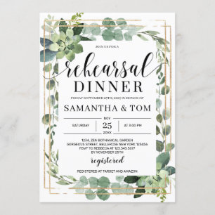 Greenery succulent floral gold frame rehearsal invitation