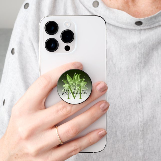 Greenery succulent flower Monogram PopSocket (Hand)