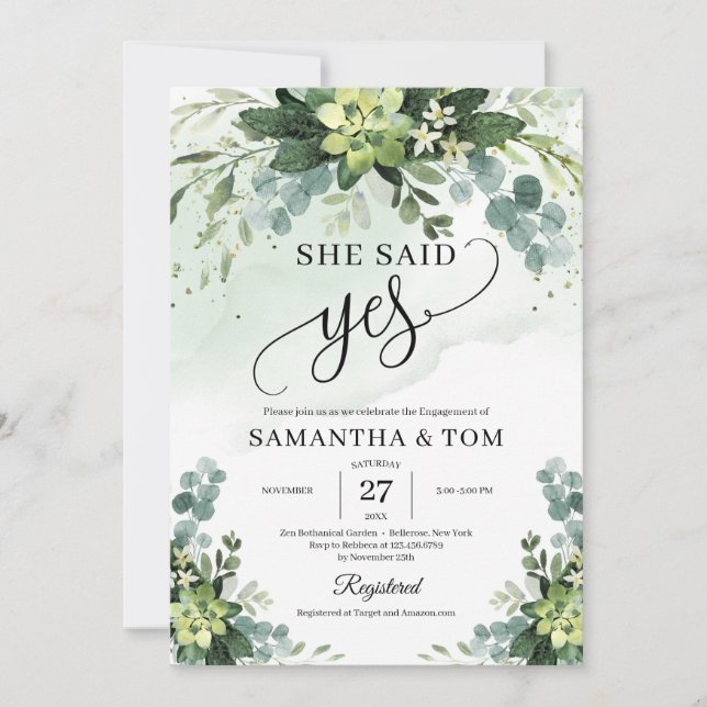 Greenery succulent foliage flowers she said yes invitation (Front)