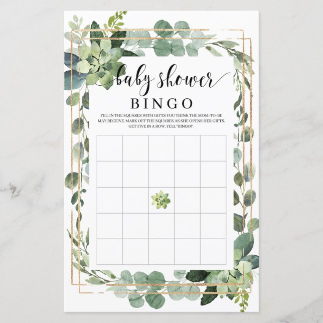 Greenery succulent rustic baby shower bingo game (Front)