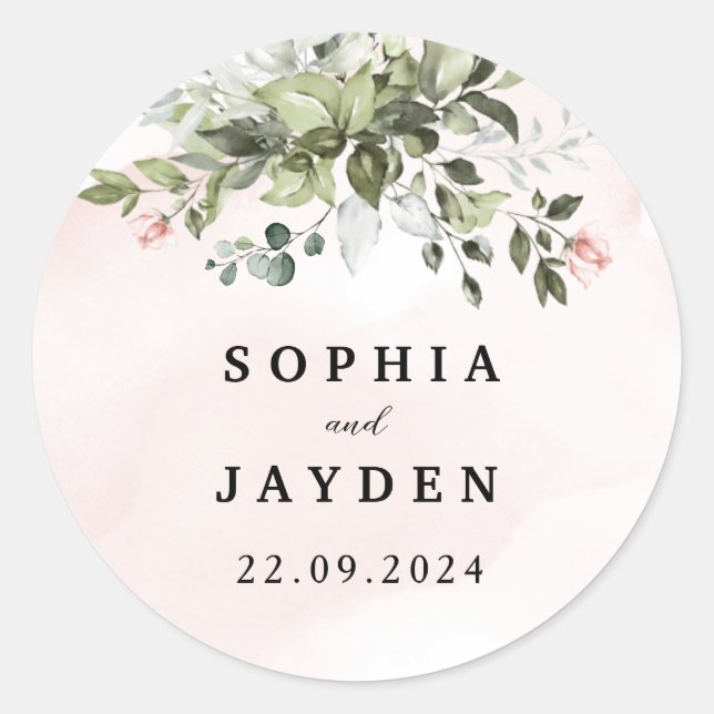 Greenery Succulent Wedding Classic Round Sticker  (Front)