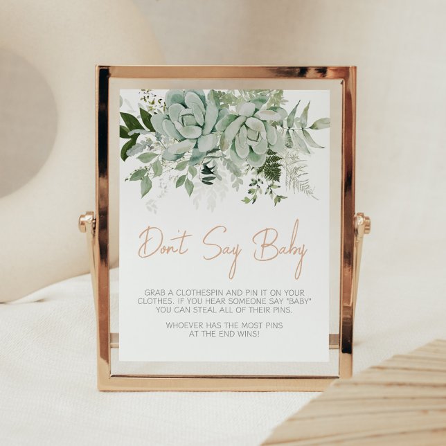 Greenery Succulents Baby Shower Don't Say Baby Poster (Succulent Gender Neutral Baby Shower Don't Say Baby Sign)