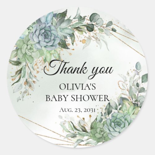 Greenery succulents eucalyptus thank you baby classic round sticker