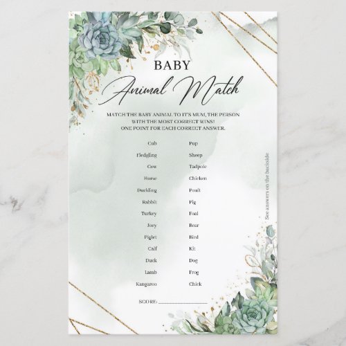 Greenery succulents gold frame Baby Animal Match 