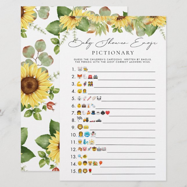 Greenery Sunflower Baby Shower Emoji Game  (Front/Back)