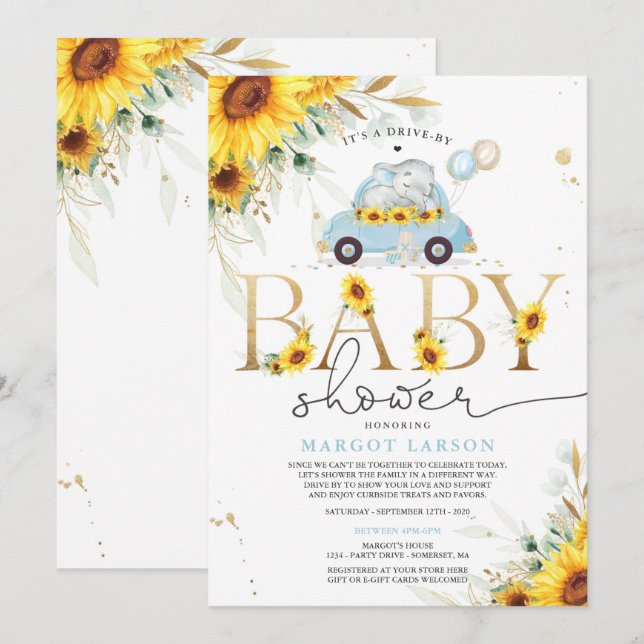 Greenery Sunflower Elephant Drive By Baby Shower Invitation (Front/Back)