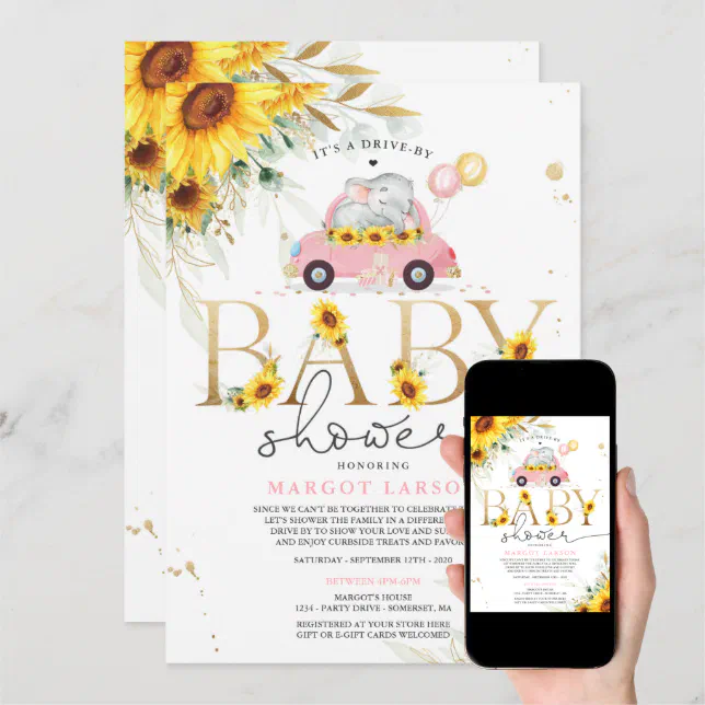Greenery Sunflower Elephant Drive By Baby Shower Invitation Zazzle