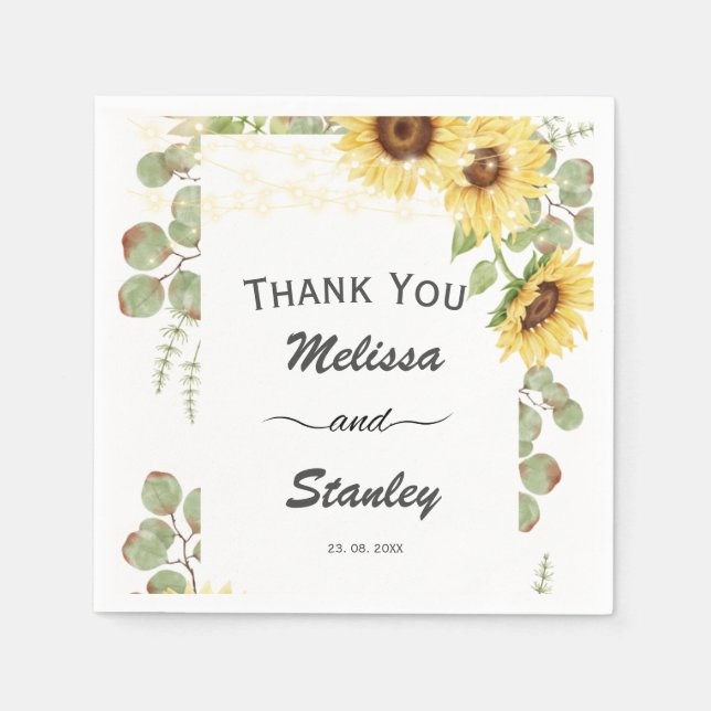 Greenery Sunflower Eucalyptus String Light Wedding Napkins (Front)
